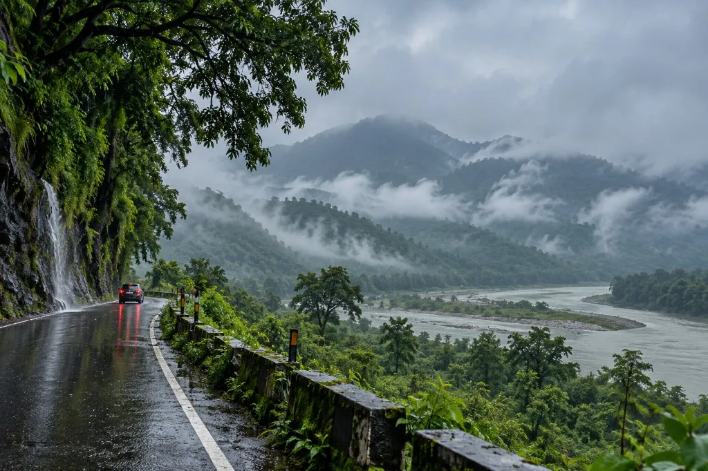 Misty hillside road and river valley near Rishikesh