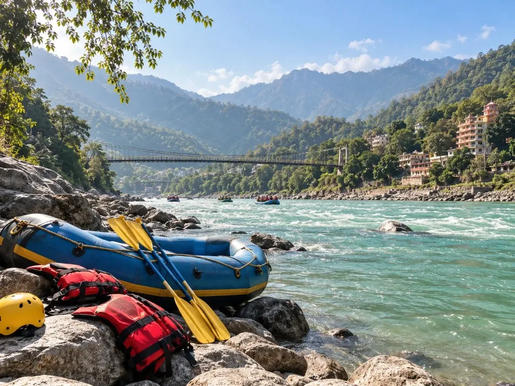 Blue raft, paddles, and life jackets on a rocky riverbank