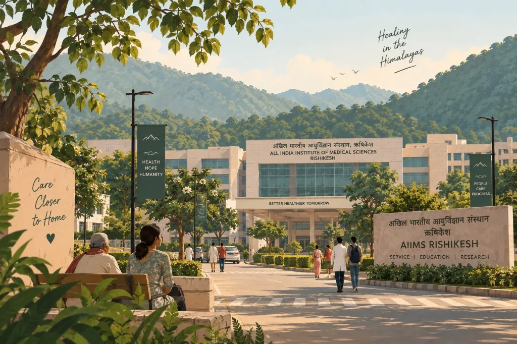 Illustrated view of the AIIMS Rishikesh campus with hills behind the hospital building