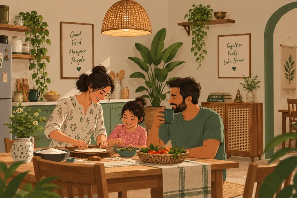 Illustration of a family preparing food together at a kitchen table