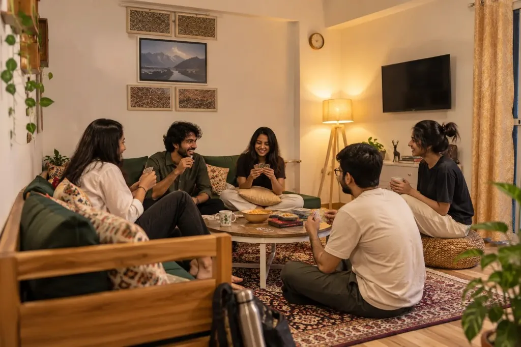 Friends playing cards around a coffee table in a living room
