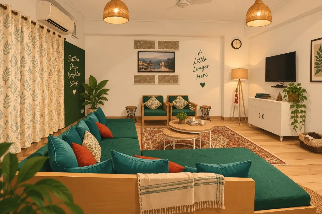 Living room with a green sofa, rattan pendant lights, and a patterned rug