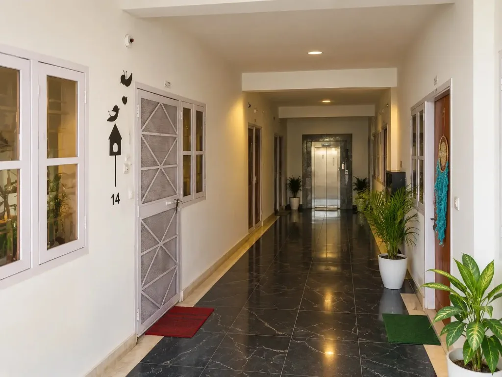 Apartment hallway with a lift at the far end and potted plants along the corridor