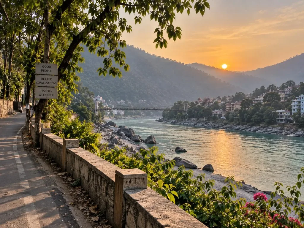 River and suspension bridge at golden hour, seen from a roadside walkway