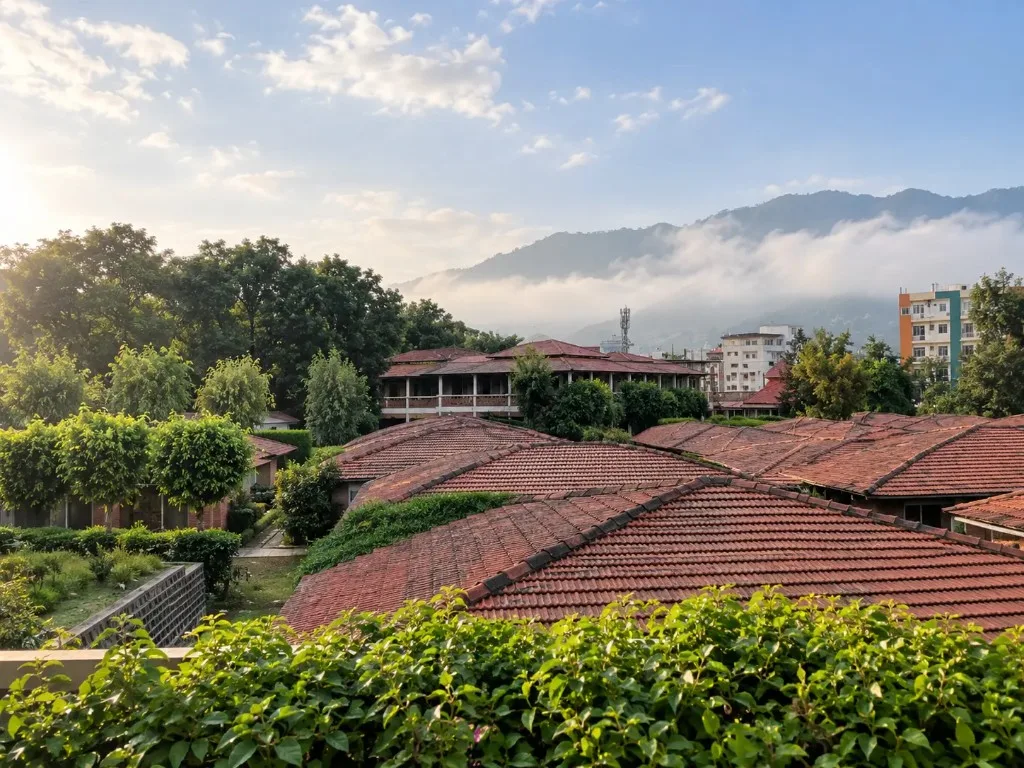 Terracotta-tiled rooftops among trees with misty mountains beyond